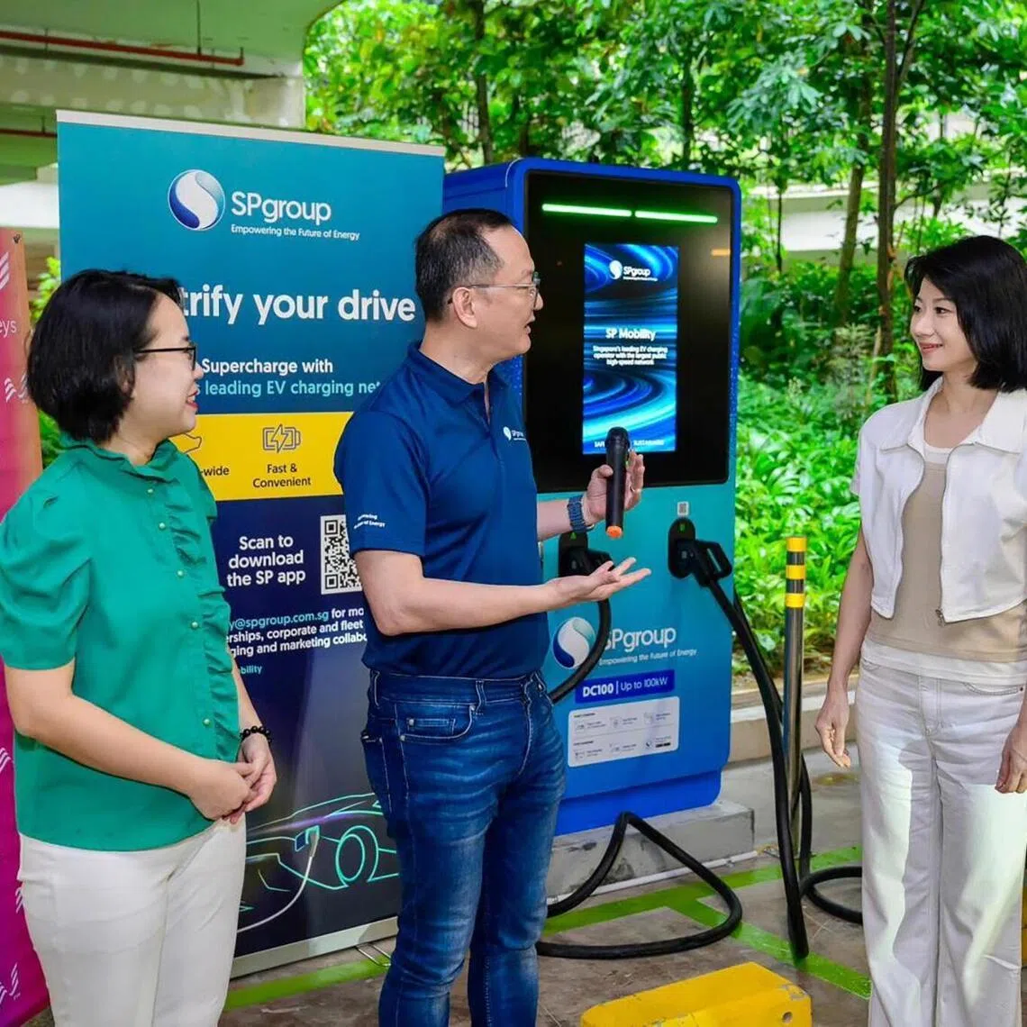 From left, Dr Choo Pei Ling (MP for Chua Chu Kang GRC), Mr Dean Cher, managing director of SP Mobility and Ms Sun Xueling, Senior Minister of State for Transport, at the launch of the EV fast charging hub at Plantation Plaza in Tengah on May 16, 2026. 