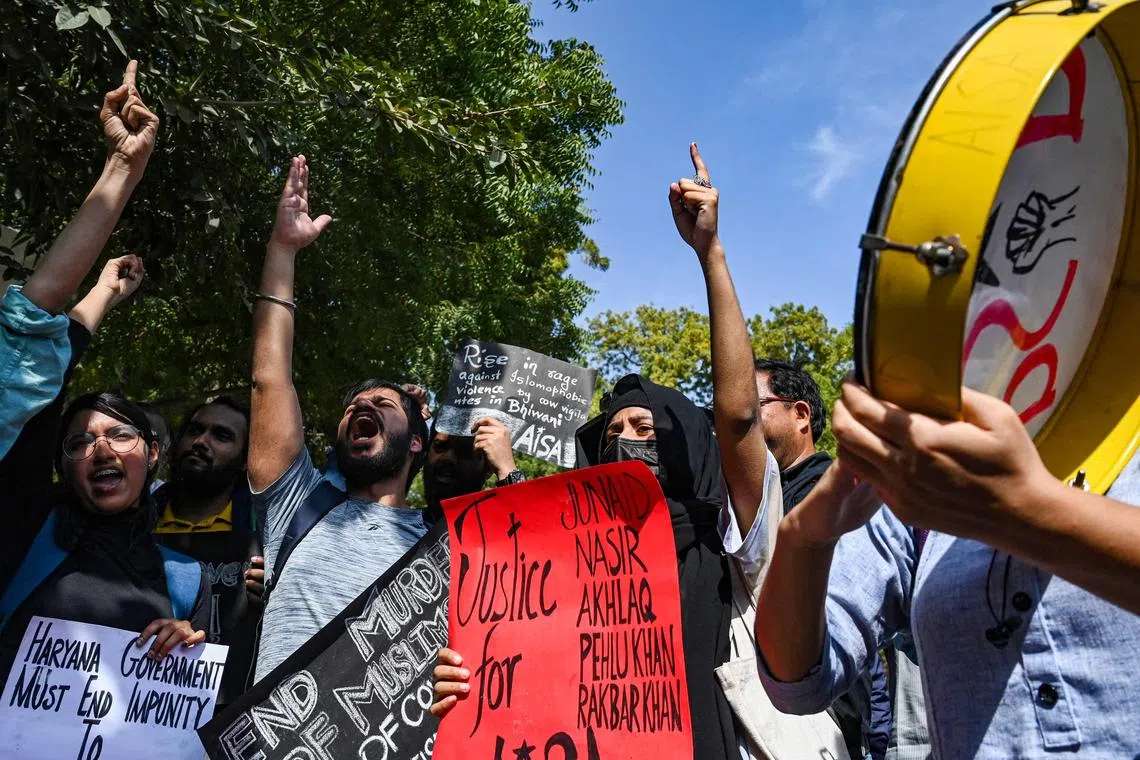 Member of the All India Students Association protesting against the alleged atrocities on Muslims and cow-vigilantism, in New Delhi on Feb 24, 2023. 