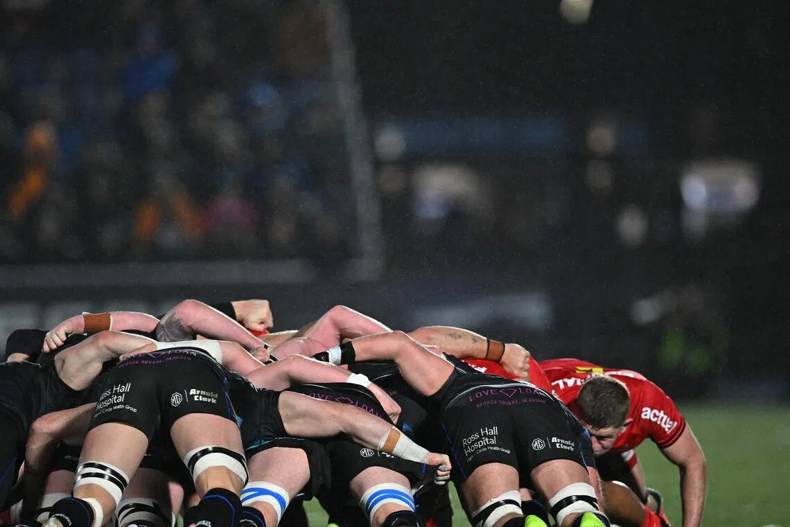 Rugby players during a scrum.