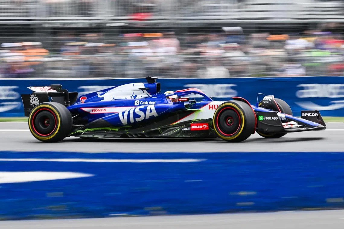 Jun 8, 2024; Montreal, Quebec, CAN; RB driver Daniel Ricciardo (AUS) races during FP3 practice session of the Canadian Grand Prix at Circuit Gilles Villeneuve. David Kirouac-USA TODAY Sports