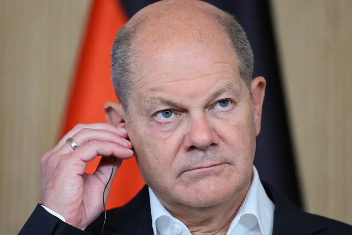 German Chancellor Olaf Scholz looks on during a press conference with French President Emmanuel Macron as they conclude a two-day government meeting in the northern German port city of Hamburg, Germany, October 10, 2023. REUTERS/Wolfgang Rattay