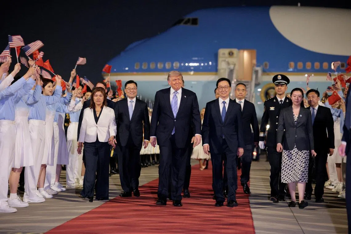 U.S. President Donald Trump, accompanied by Chinese Vice-President Han Zheng, during a red-carpet greeting ceremony after arriving in Beijing on May 13.