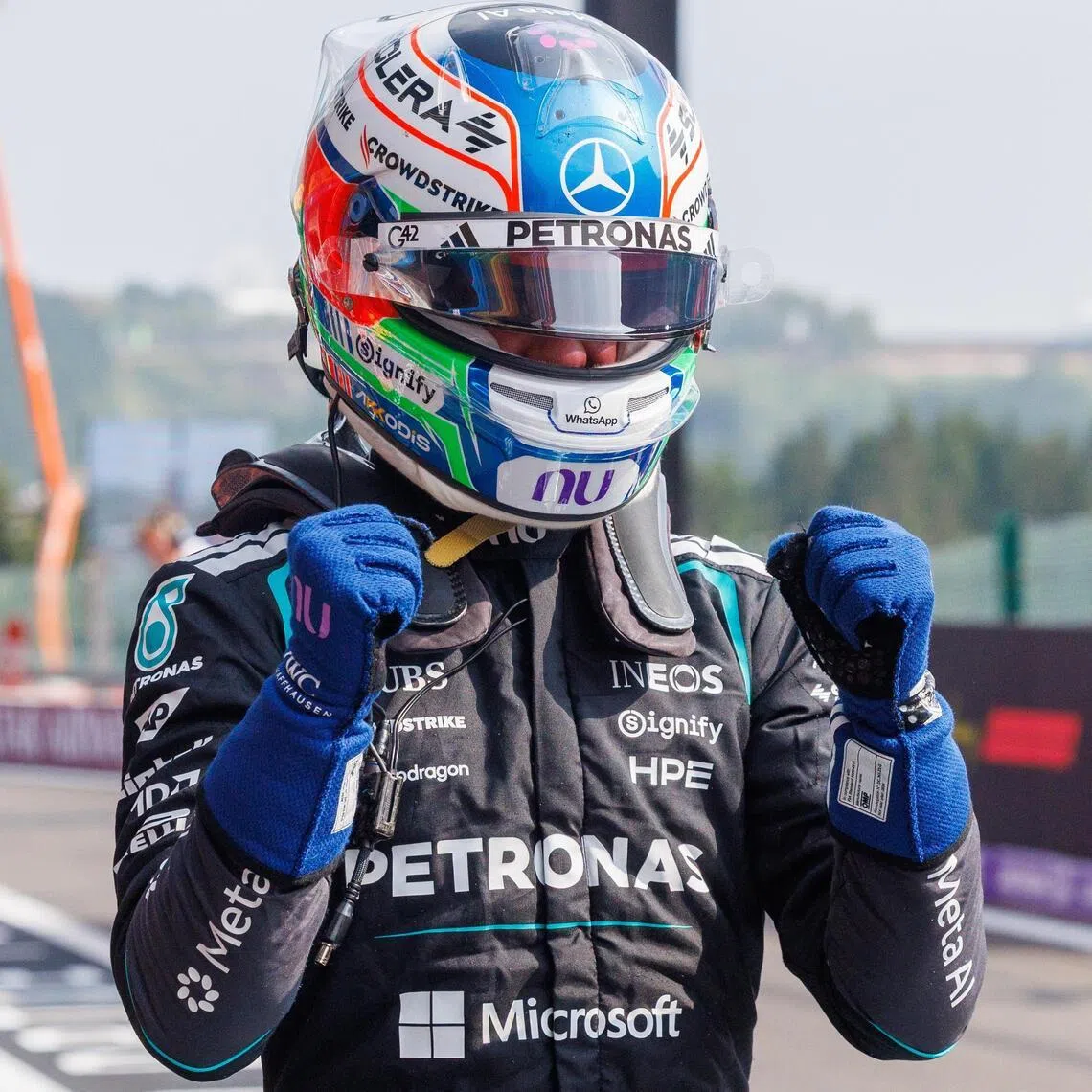 Mercedes’ Kimi Antonelli celebrates after qualifying in pole position for the Belgian Grand Prix on July 18.