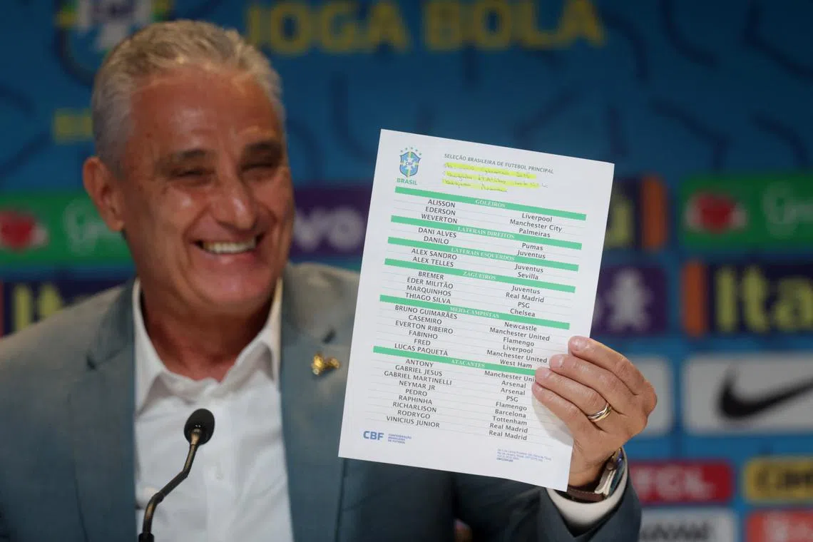 Brazil coach Tite holds a piece of paper with a list of players he has selected for the FIFA World Cup.