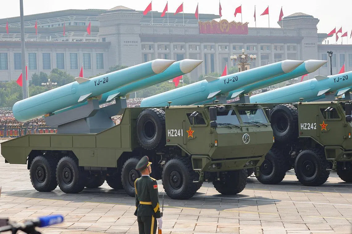 YJ-20 hypersonic anti-ship missiles are displayed during a military parade marking the 80th anniversary of victory over Japan and the end of World War II, in Beijing’s Tiananmen Square, China, on Sept 3, 2025. 