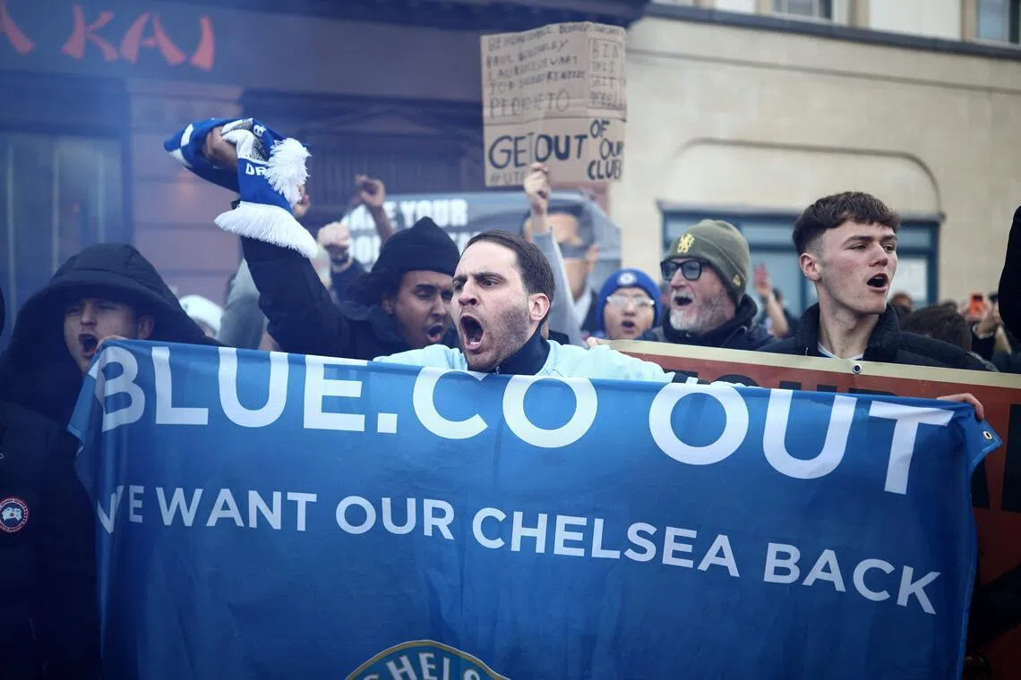 Chelsea fans hold a protest against Behdad Eghbali and Clearlake Capital outside the ground before the English Premier League football match between Chelsea and Brentford at Stamford Bridge in London on January 17, 2026. Chelsea set an unwanted record by posting a Premier League record pre-tax loss of £262 million for the year ending June 30, 2025.