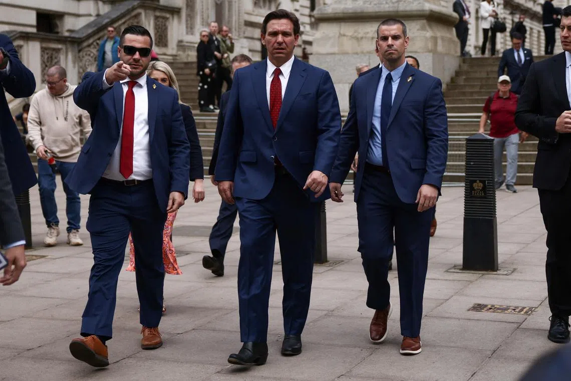 Florida Governor Ron DeSantis (centre) visiting London, on April 28, 2023.
