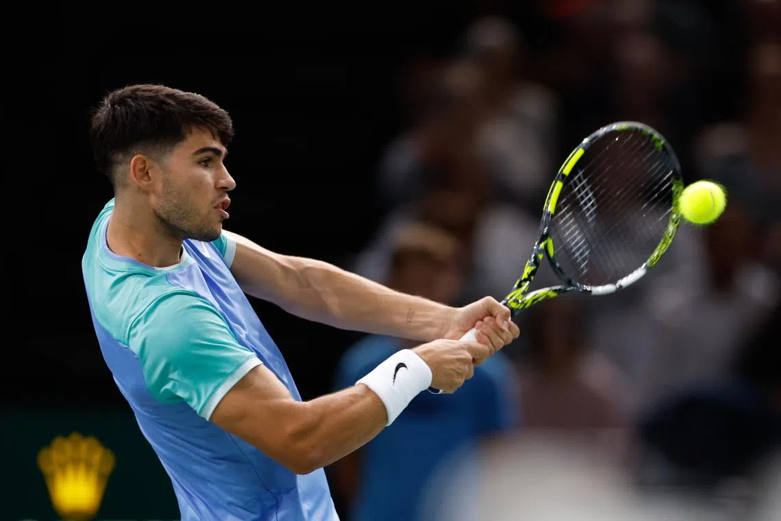 Carlos Alcaraz of Spain in action during his match against Nicolas Jarry of Chile at the Rolex Paris Masters tennis tournament.
