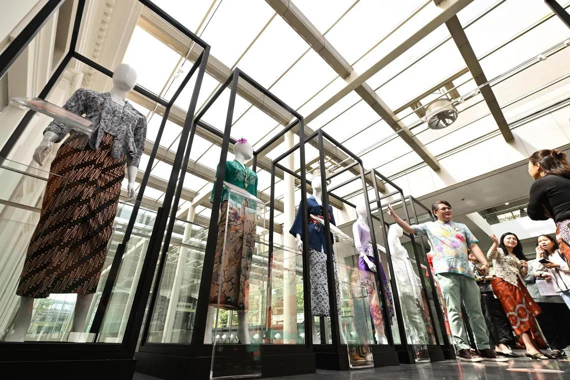 ST20230404-202362995766-Lim Yaohui-Rochelle Lee-rlkebaya04/
Kebayas on display at the Love, Kebaya exhibition at the National Museum of Singapore on April 4, 2023.
The National Heritage Board (NHB) launching Love, Kebaya, a new travelling exhibition which showcases kebaya and the community stories behind them. The exhibition will explore kebaya as a form of intangible cultural heritage (ICH), which has been submitted as a multinational nomination to the UNESCO Representative List of the ICH of Humanity.
The exhibition builds on NHB’s efforts to actively engage and involve the community in all stages of the nomination process, and feature community contributed items, including six kebaya created by kebaya craftspersons and practitioners, and photographs.
(ST PHOTO: LIM YAOHUI)