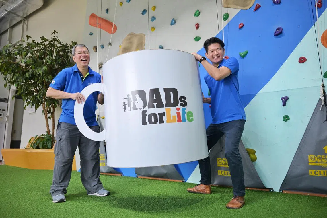 Mr Edwin Choy, co-founder of the  Centre for Fathering and Dr Xander Ong, its chief executive, at the centre’s rock wall on June 2, 2025.