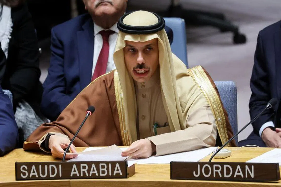 Saudi Arabian Foreign Minister Prince Faisal bin Farhan Al Saud attends a United Nations Security Council meeting on the conflict between Israel and Hamas, in New York City, New York, U.S., November 29, 2023. REUTERS/Brendan McDermid/File Photo