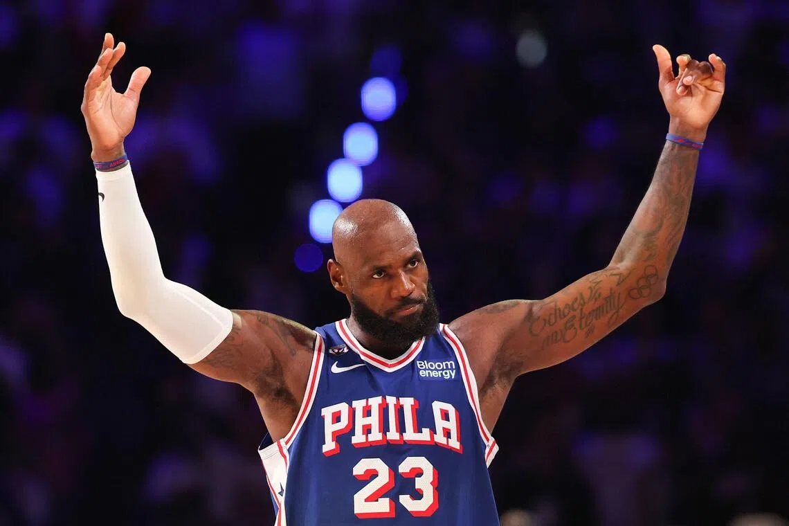 LeBron James of Philadelphia 76ers reacts during the fourth quarter of a game against the Cleveland Cavaliers 114-106 on Oct 22.
