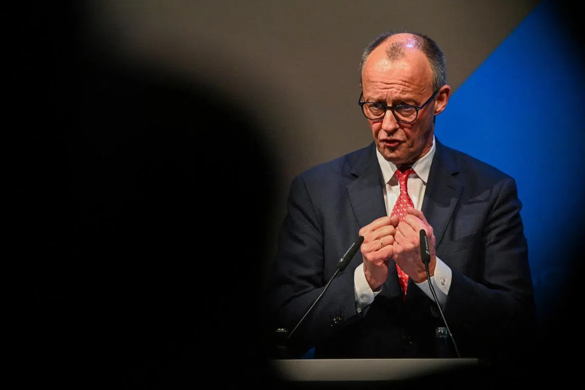 German Chancellor Friedrich Merz speaks at the Christian Democratic Union (CDU) party's rally, during the party's traditional Ash Wednesday meeting, in Trier, Germany, February 18, 2026. REUTERS/Jana Rodenbusch