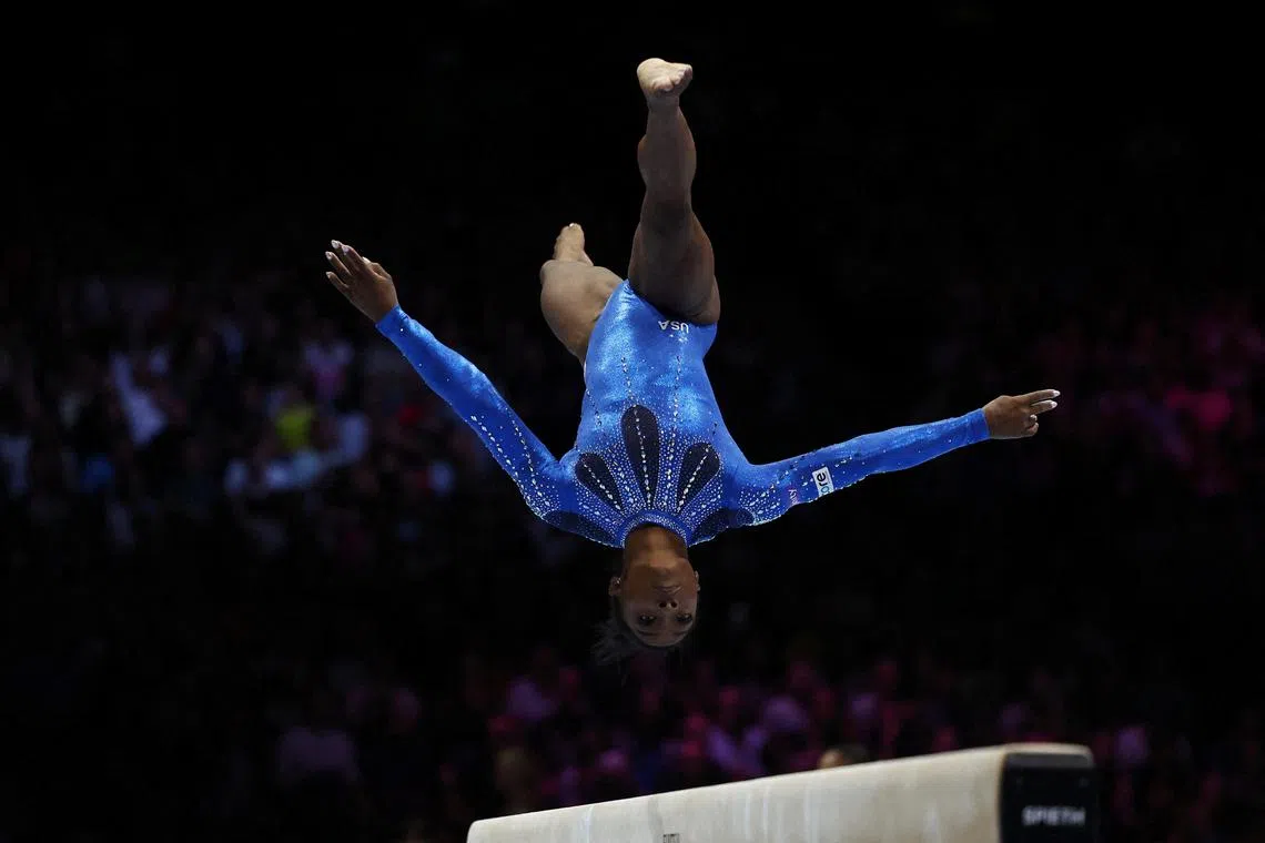 Simone Biles of the US in action on the balance beam.