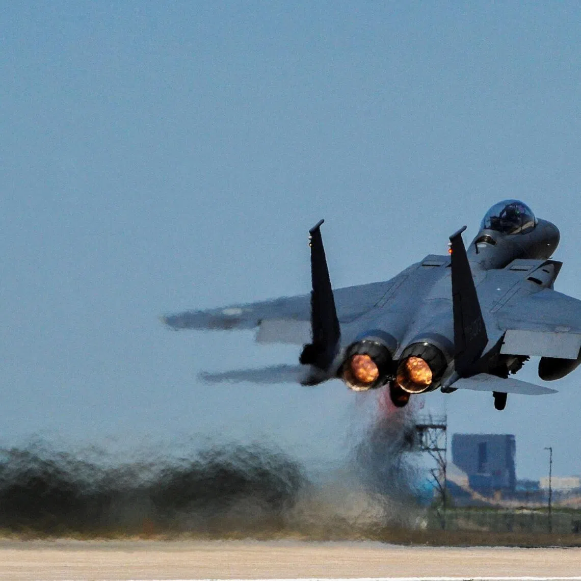 A Republic of Korea Air Force F-15K Slam Eagles fighter plane takes off during Exercise Max Thunder 17 at Gunsan Air Base in South Korea.