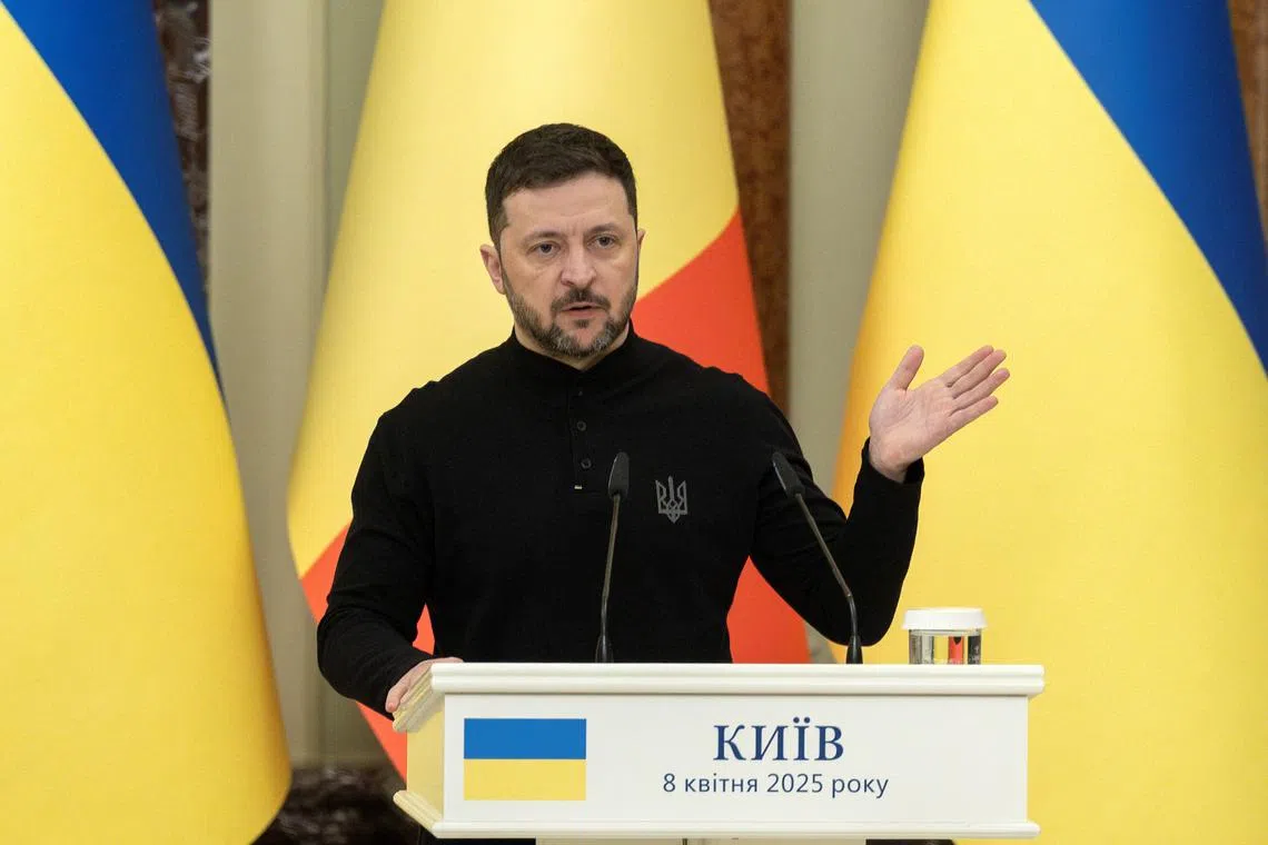 FILE PHOTO: Ukrainian President Volodymyr Zelenskiy speaks at a press conference with Belgian Prime Minister Bart De Wever (not pictured) in Kyiv, Ukraine April 8, 2025. REUTERS/Thomas Peter/File Photo