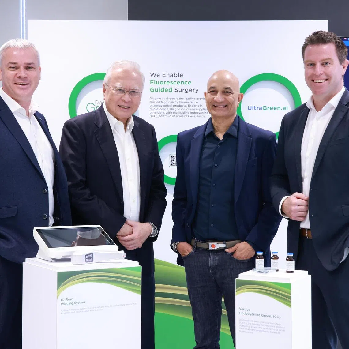 (From left) UltraGreen.ai chief operating officer Declan Cassells, chairman Kwa Chong Seng, chief executive officer Ravinder Sajwan and chief financial officer Eamon Lynch. It is SGX’s largest non-real estate investment trust listing in eight years.