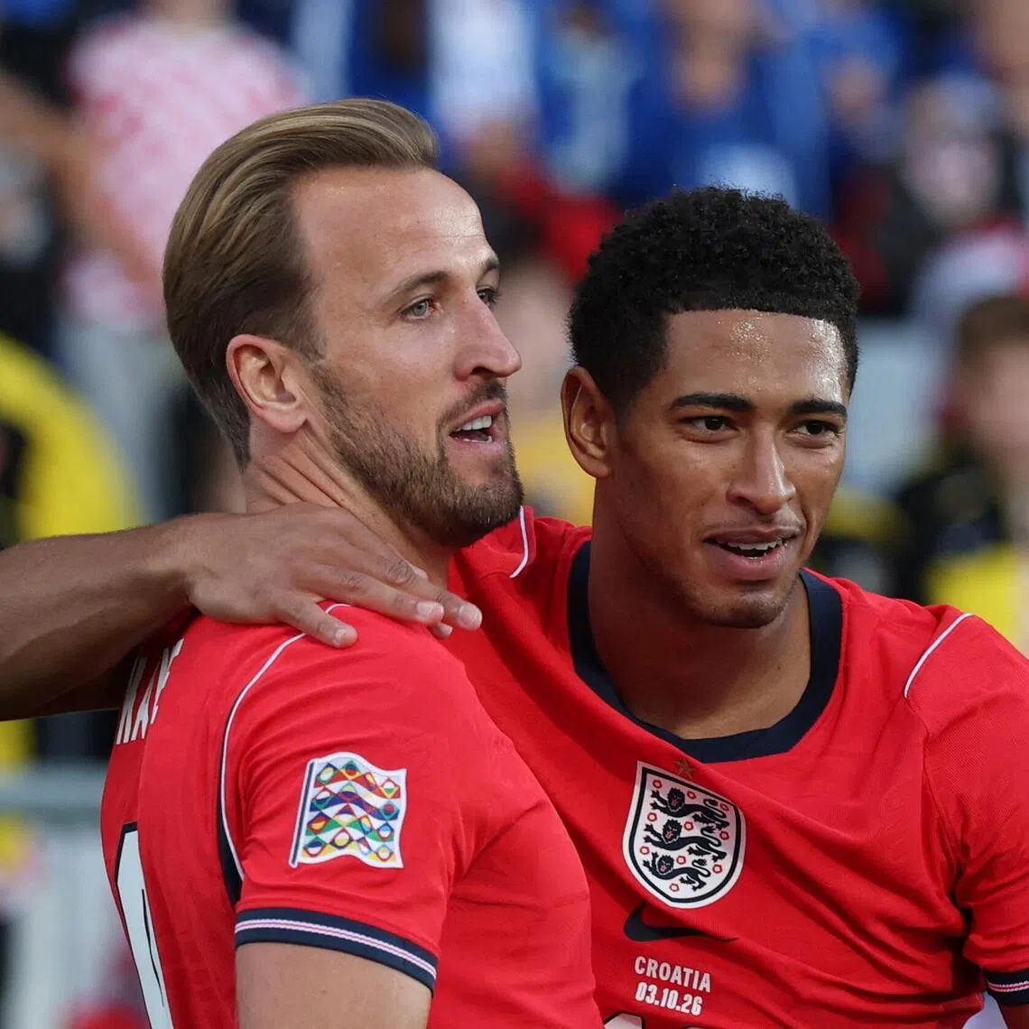 England’s Harry Kane celebrates scoring their first goal in the 7-0 Nations League win over Croatia on Oct 3 with Jude Bellingham.