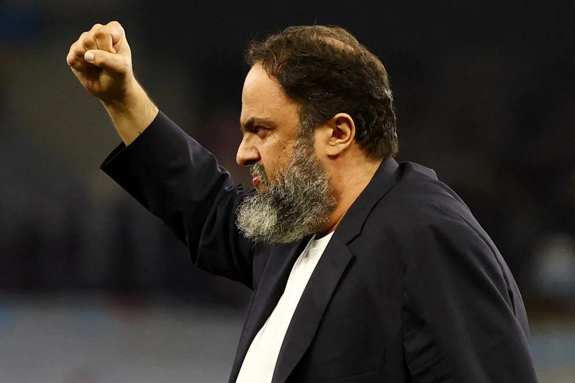 Olympiacos owner Evangelos Marinakis, who also owns Nottingham Forest, celebrating after their Europa League match against Aston Villa.
