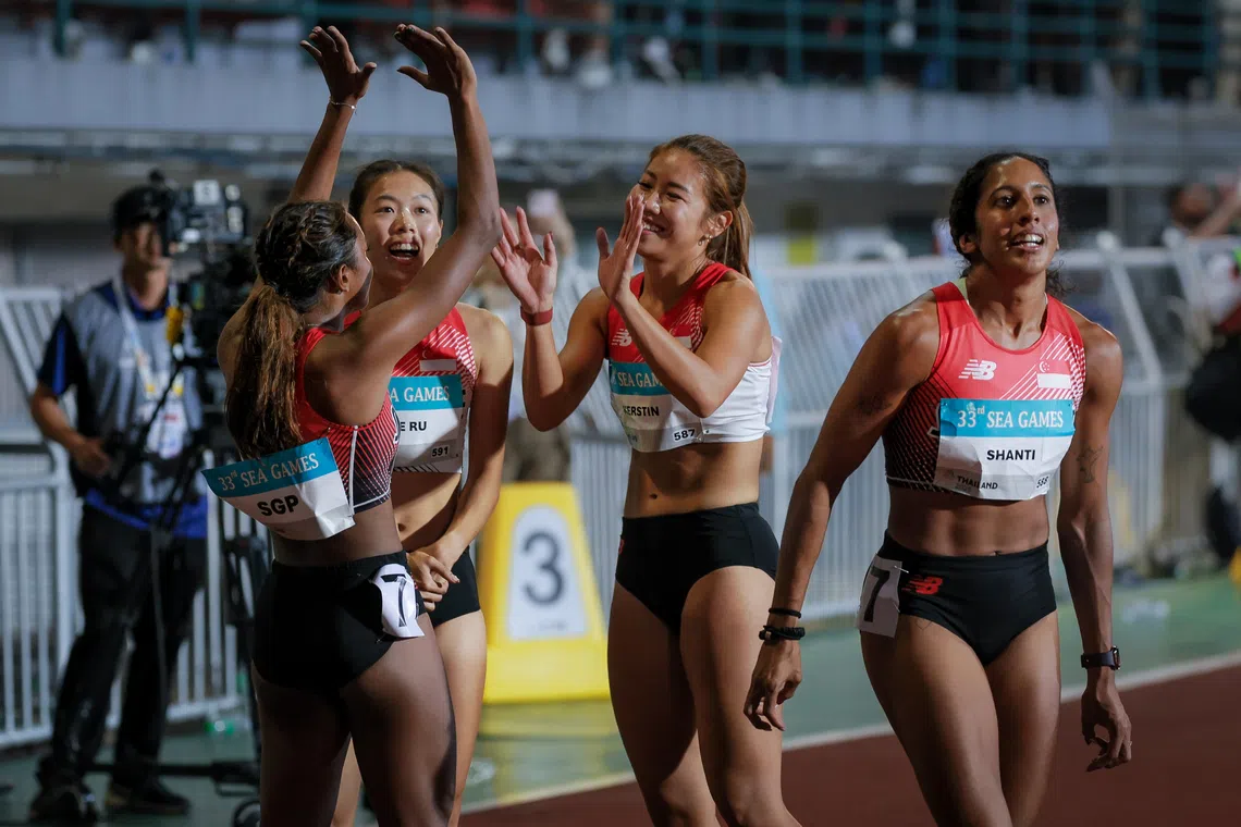 (From left) Laavinia Jaiganth, Elizabeth-Ann Tan, Kerstin Ong and Shanti Pereira finished fourth in 44.41sec seconds for the 4x100m relay segment at the 2025 SEA Games .