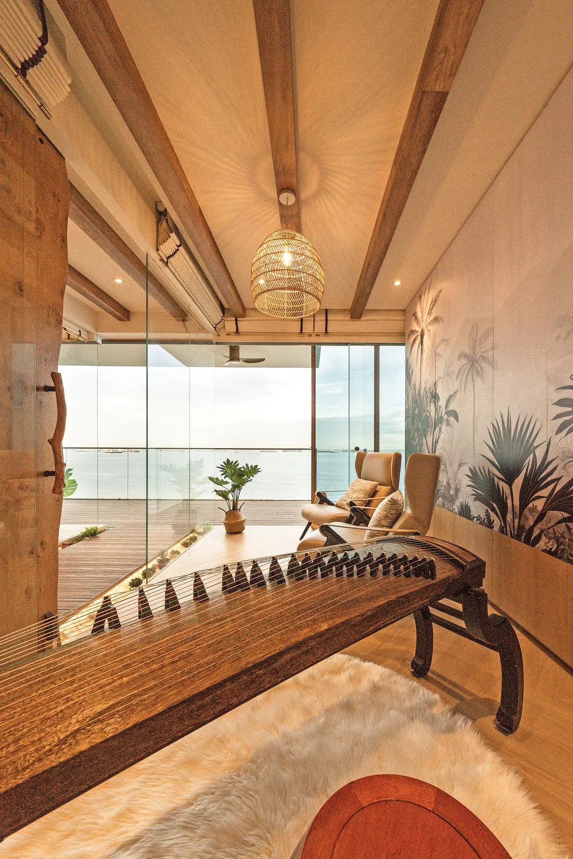 Opposite the master bedroom is the music room, which can be converted into a guest room.