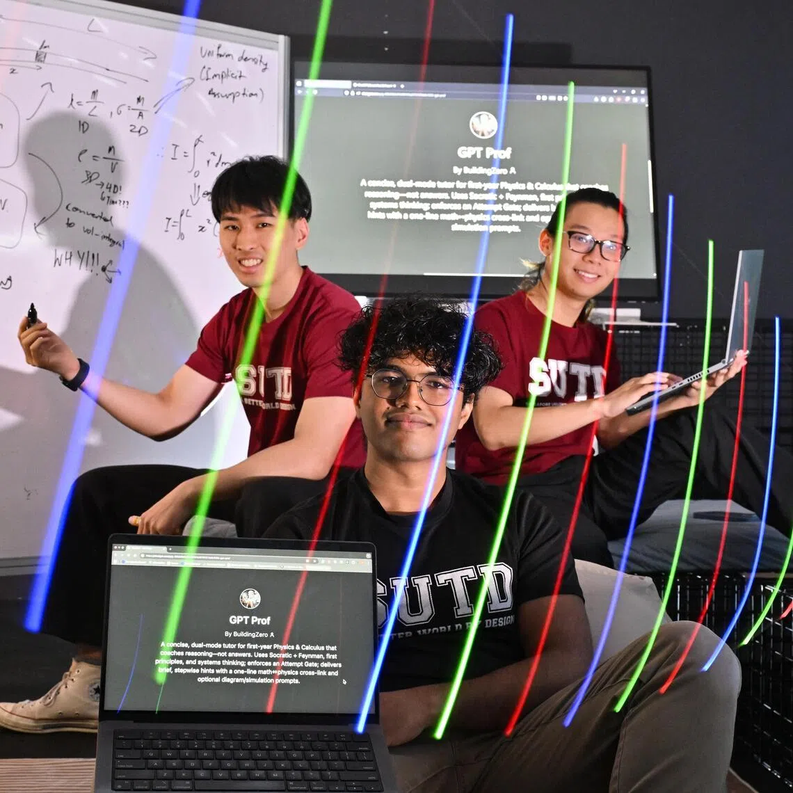 (From left) Mr Chen Liang Jung, 22, Mr Anieyrudh R, 22, and Mr Joshua Cheng, 23, all undergraduates, showcasing the GPTProf app that acts as a professor in a pocket. 