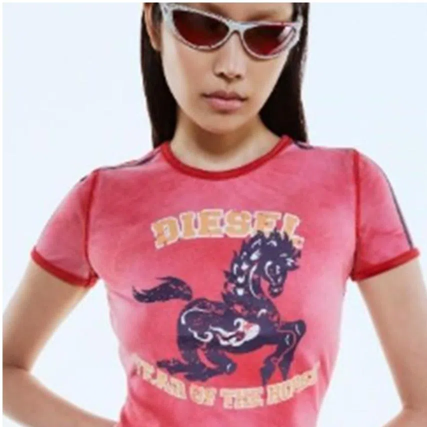 (Clockwise from left) The Diesel cotton stretch T-shirt featuring a wild horse, MCM Year of the Horse Aren bags and Chloe Baby fit logo T-shirt in chine jersey.