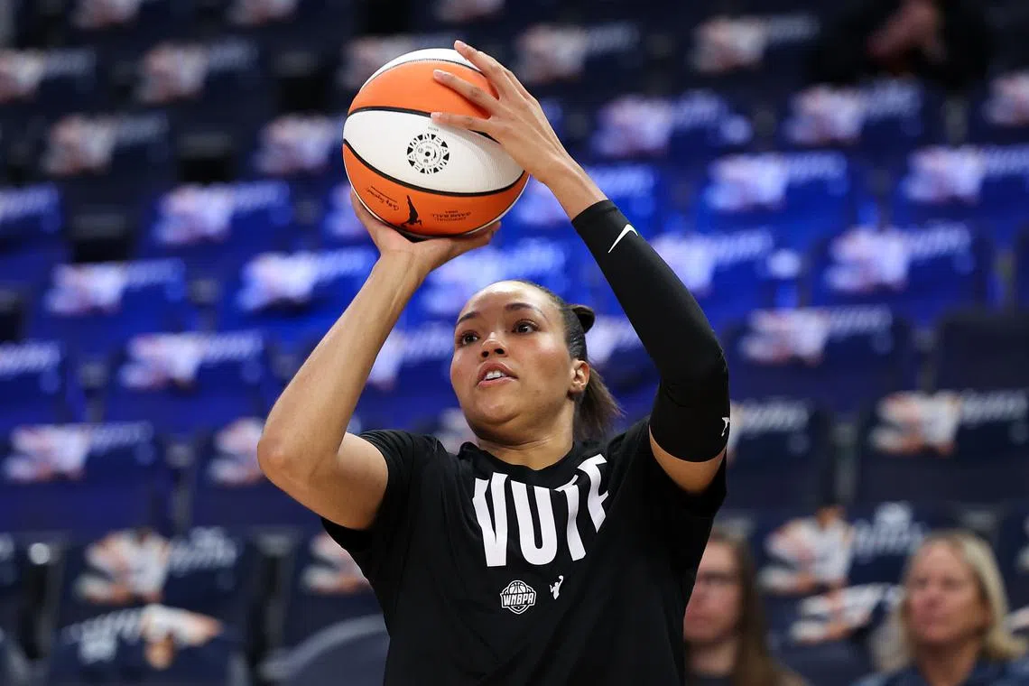 Oct 1, 2024; Minneapolis, Minnesota, USA; Minnesota Lynx forward Napheesa Collier (24) warm up before the 2024 WNBA Semi-finals against the Connecticut Sun at Target Center. Mandatory Credit: Matt Krohn-Imagn Images/File Photo