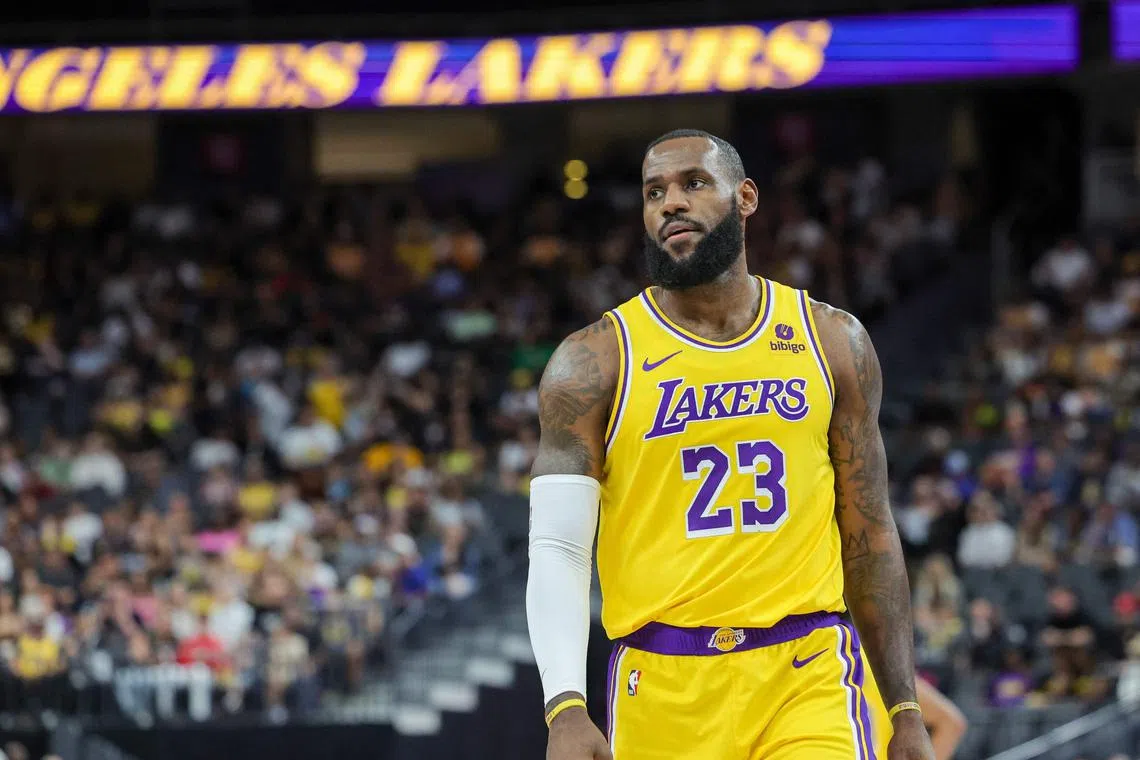 Los Angeles Lakers star LeBron James during a break in the first quarter of a pre-season game against the Brooklyn Nets at T-Mobile Arena.