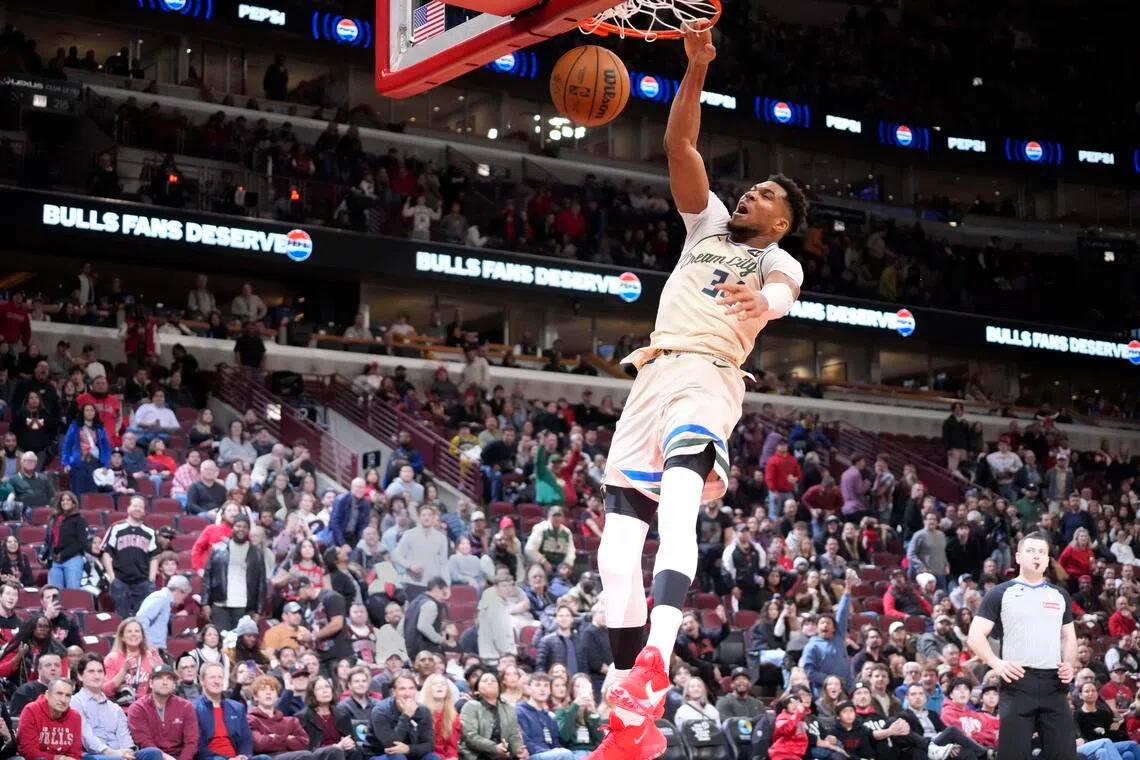 Milwaukee Bucks forward Giannis Antetokounmpo going up for a dunk during the 112-103 NBA win over the Chicago Bulls at United Center on Dec 27, 2025.