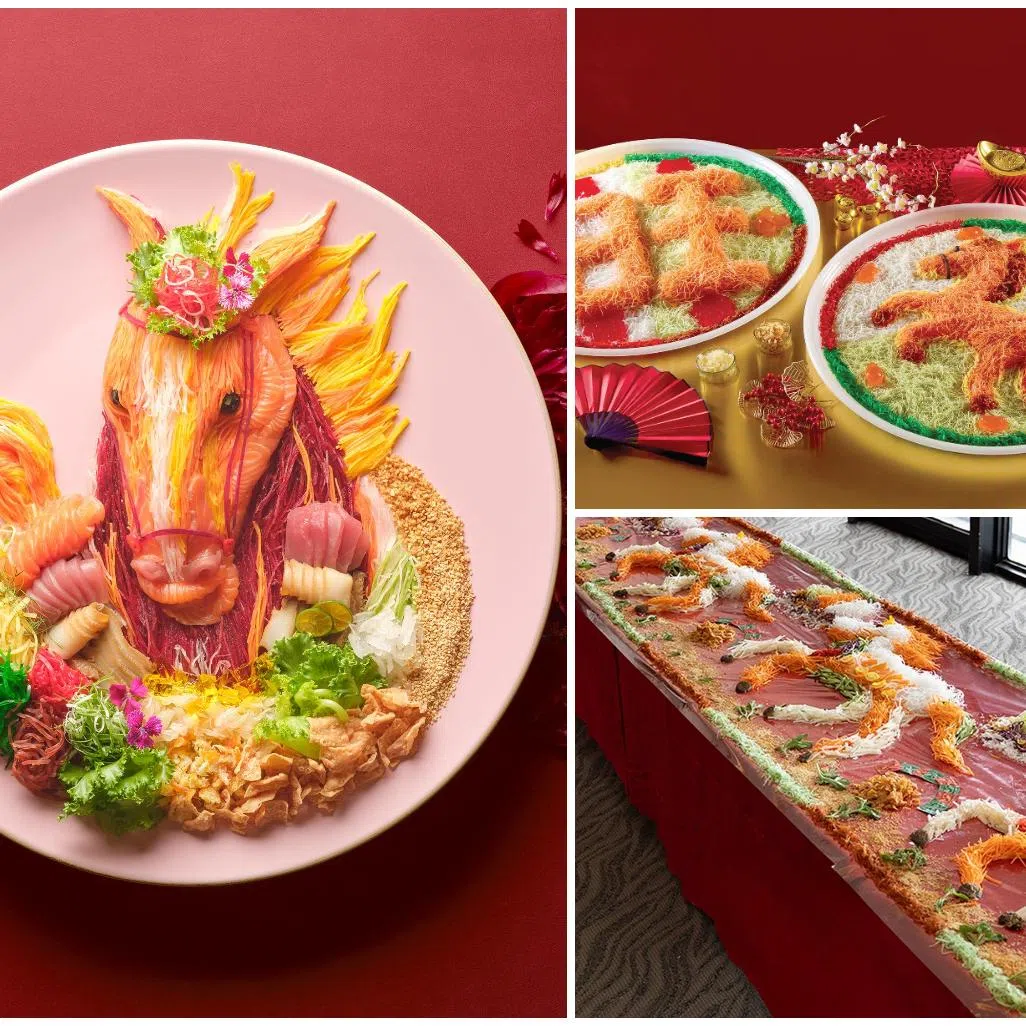 (Clockwise from left) Premium Winning Horse Yu Sheng at Jade, Neo Garden Catering's Bountiful Horse Yusheng, Peach Garden's Galloping Horse Prosperity Yu Sheng.