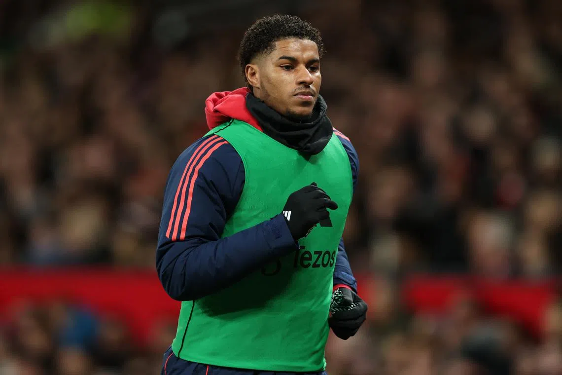 FILE PHOTO: Soccer Football - Premier League - Manchester United v Newcastle United - Old Trafford, Manchester, Britain - December 30, 2024 Manchester United's Marcus Rashford warms up as a substitute during the match REUTERS/Phil Noble/File Photo