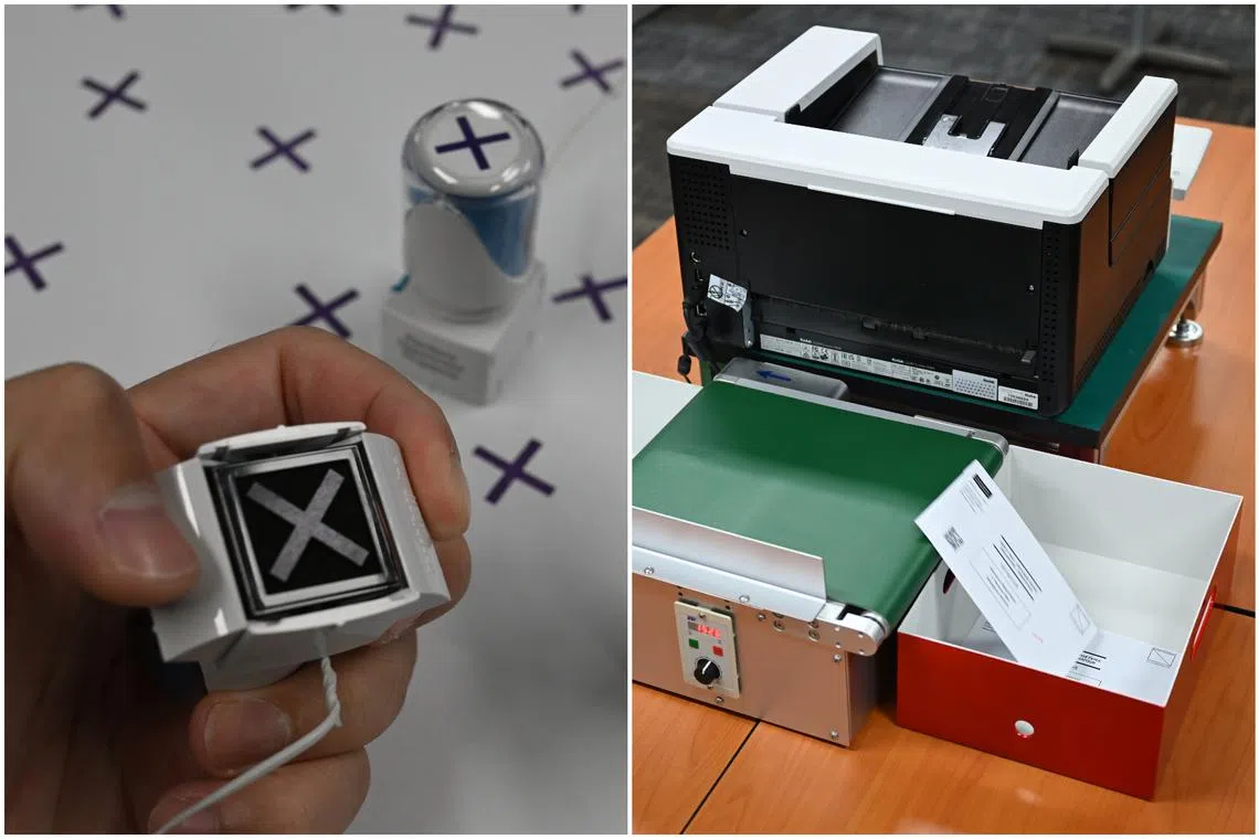 ELD announced the introduction of new stamps (left) and demonstrated the use of the machine for authenticating postal votes on Monday.