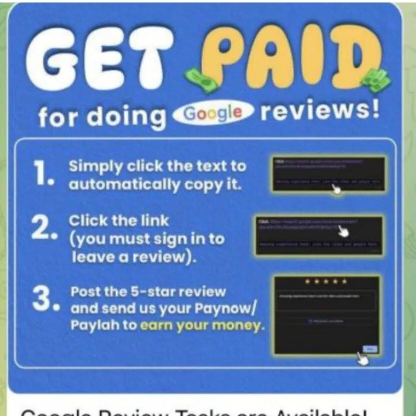 Screengrab images show businesses purchasing fake review packages (left) and individuals being recruited via Telegram to post them in exchange for payment (right).