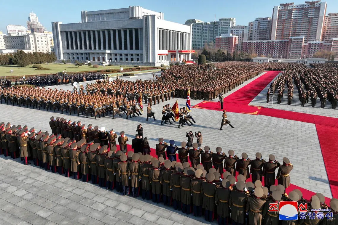 FILE PHOTO: North Korean leader Kim Jong Un visits the Ministry of National Defense on the occasion of the 76th anniversary of the founding of the Korean People's Army in Pyongyang, North Korea in this picture released on February 9, 2024 by the Korean Central News Agency.  KCNA via REUTERS