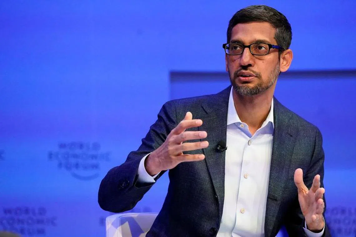 FILE PHOTO: Sundar Pichai, Chief Executive Officer of Alphabet, gestures as he speaks during a session of the 50th World Economic Forum (WEF) annual meeting in Davos, Switzerland, January 22, 2020. REUTERS/Denis Balibouse