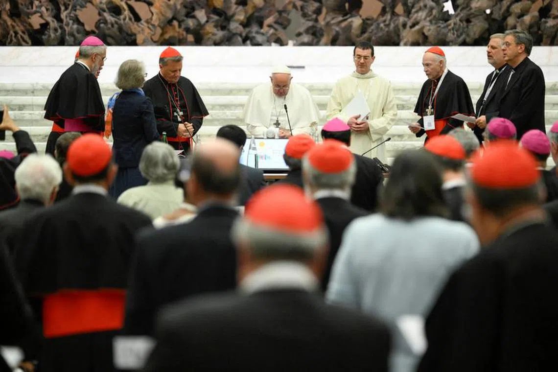 Pope Francis attends a meeting of General Congregation during the Synod of Bishops at the Vatican, October 28, 2023.   Vatican Media/­Handout via REUTERS