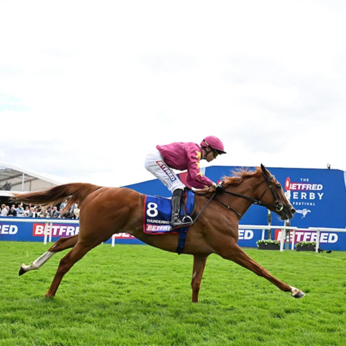 Thundering On (Dylan Browne McMonagle) scoring the easiest of wins in the Group 1  Epsom Oaks (2,400m) on June 5.

PHOTO: RACING AND SPORTS