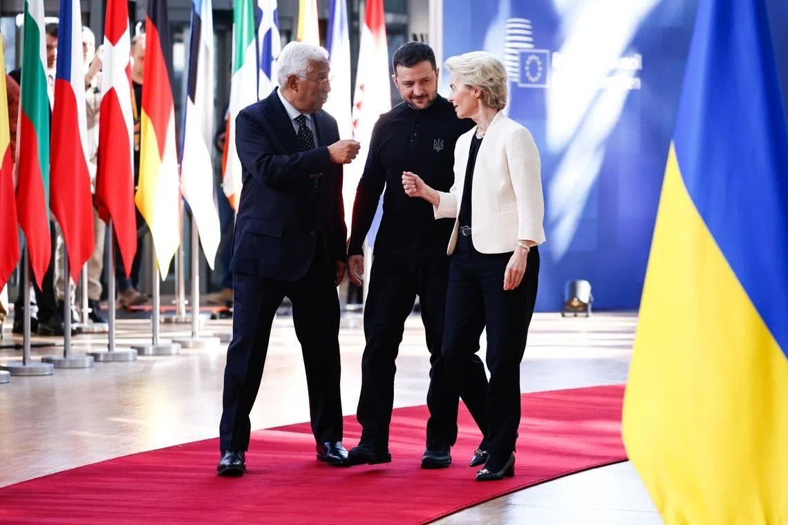 European Council president Antonio Costa (left) speaks to Ukraine president, Volodymyr Zelensky and EU Commission president Ursula von der Leyen in Brussels on March 6, 2025.