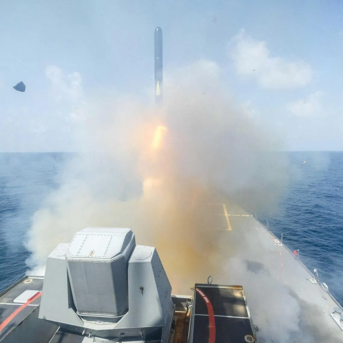 FILE PHOTO: A still image released by U.S. Central Command (CENTCOM), which accompanied a press release describing the operation dubbed "Epic Fury", an attack by the United States and Israel on Iran, shows a rocket launch from a ship, in this picture obtained from social media released on February 28, 2026. US CENTCOM via X via REUTERS  THIS IMAGE HAS BEEN SUPPLIED BY A THIRD PARTY. 

Verification lines: The location and the date when the video was filmed could not be verified. U.S. confirmed attack on Iran on Saturday (February 28). No older version of the video was found posted before Saturday (February 28)/File Photo