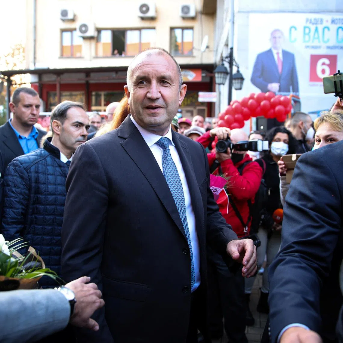 Incumbent President Rumen Radev meets supporters during an election rally, ahead of the presidential vote on Sunday, in Haskovo, Bulgaria, November 8, 2021. REUTERS/Stoyan Nenov