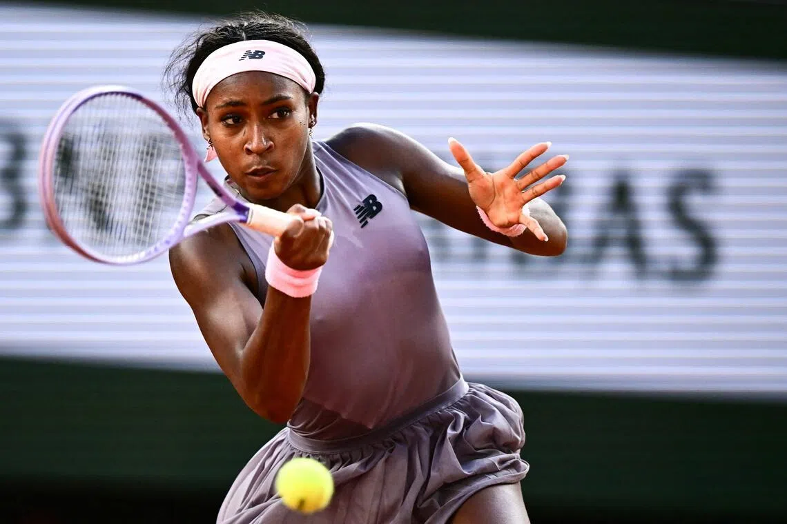 Coco Gauff of the US playing a forehand return to Austria's Anastasia Potapova during their May 30 match.