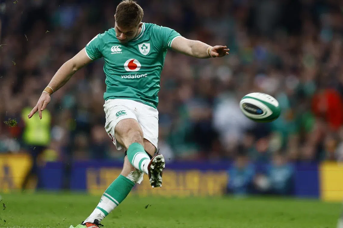 FILE PHOTO: Rugby Union - Six Nations Championship - Ireland v Scotland - Aviva Stadium, Dublin, Ireland - March 16, 2024 Ireland's Jack Crowley scores a penalty REUTERS/Clodagh Kilcoyne/File Photo