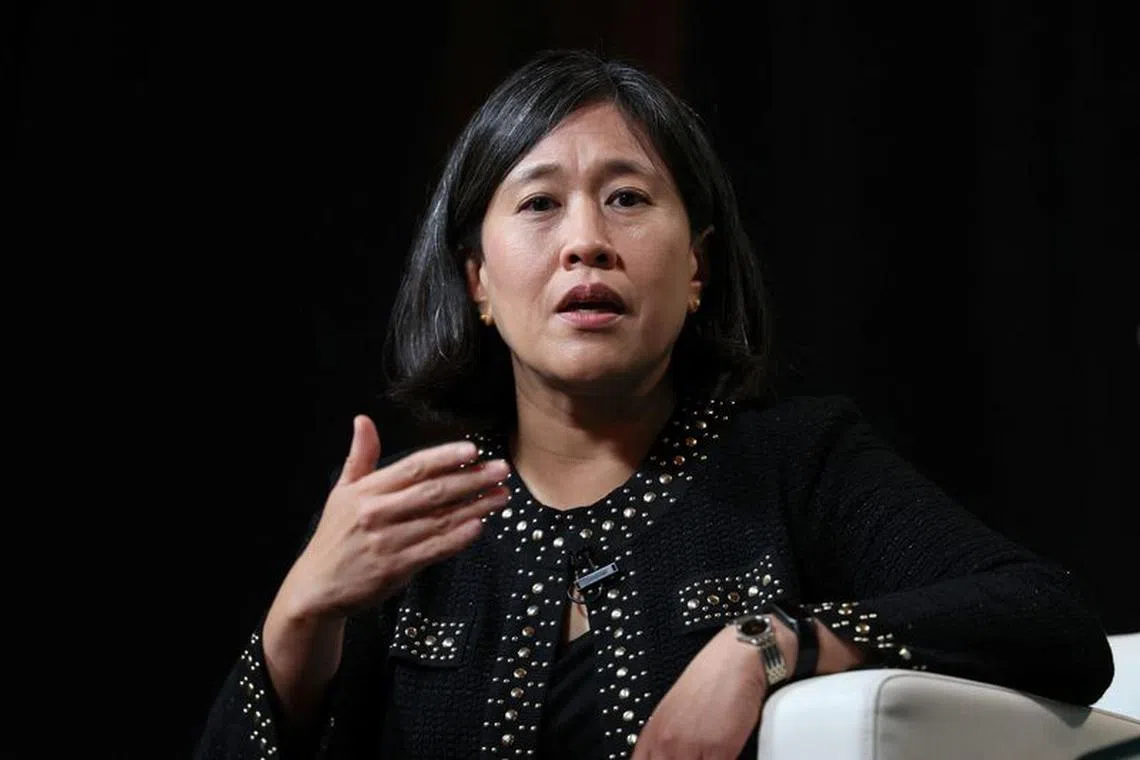 FILE PHOTO: U.S. Trade Representative Katherine Tai speaks during the Axios BFD event in New York City, U.S., October 12, 2023. REUTERS/Brendan McDermid/File Photo