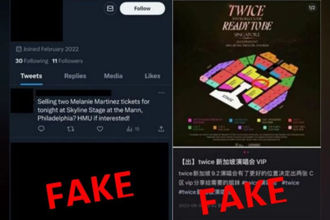Screenshots of fraudulent concert ticket listings on X and Xiaohongshu.