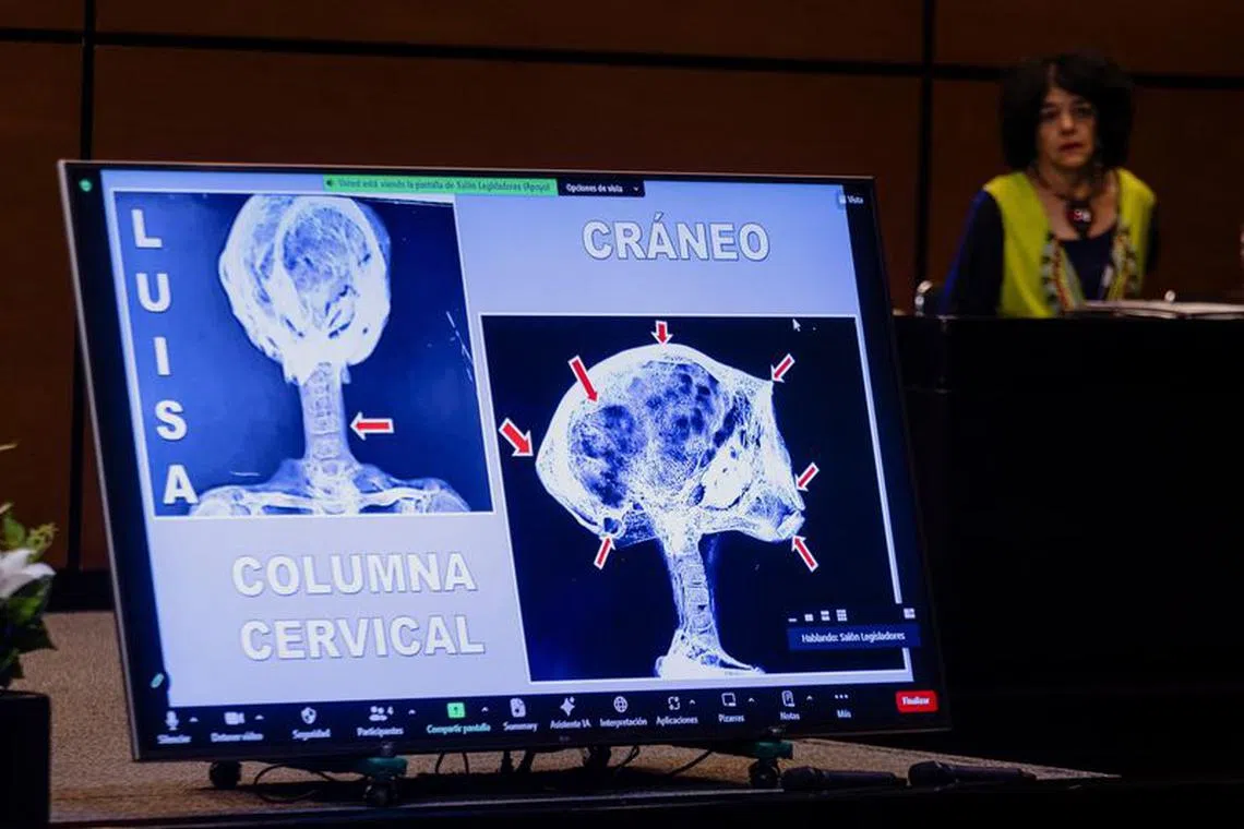 A screen displays images as Mexican journalist and UFO enthusiast Jaime Maussan (not pictured) hosts a second briefing on unidentified flying objects, known as UFOs, at Mexican Congress, in Mexico City, Mexico November 7, 2023. REUTERS/Quetzalli Nicte-Ha