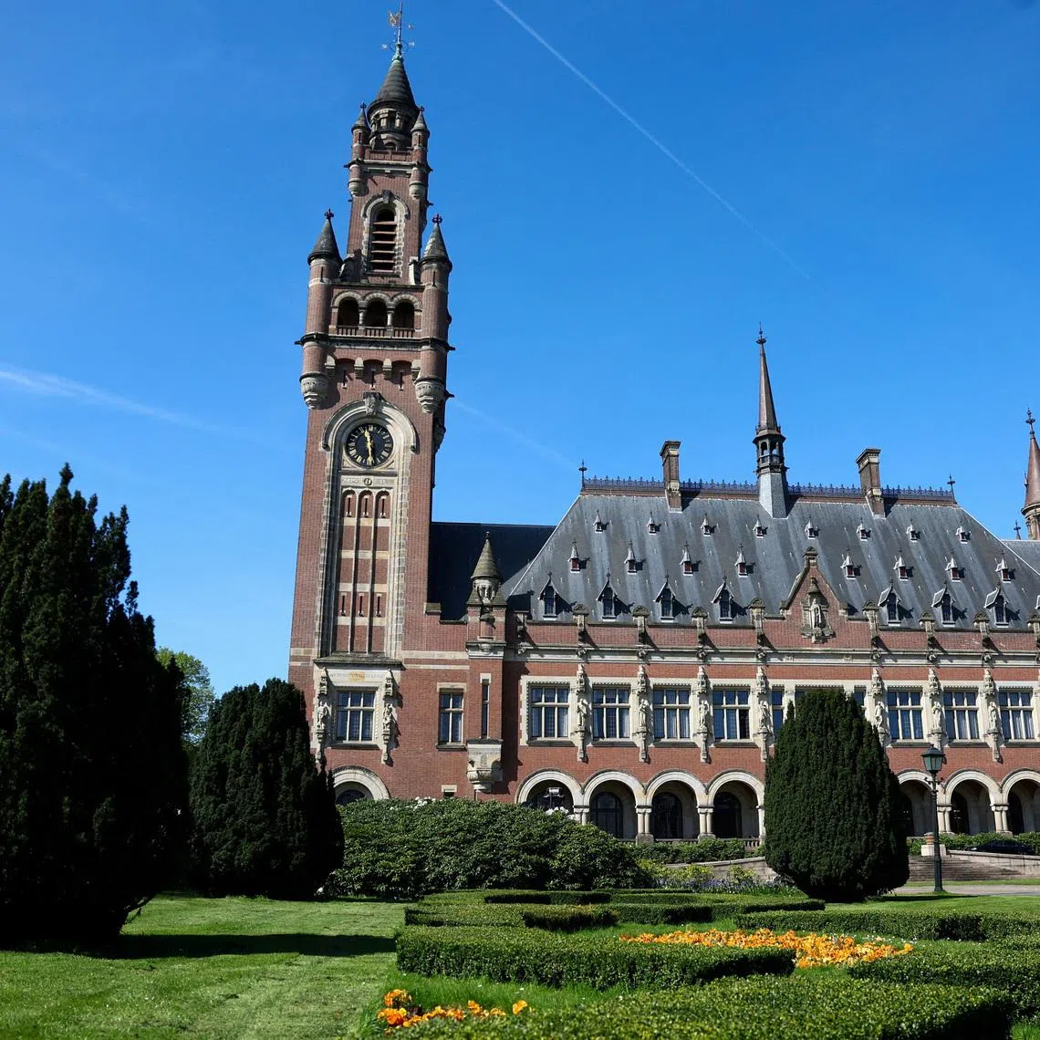 FILE PHOTO: A view shows the Peace Palace, which houses the International Court of Justice (ICJ) in The Hague, Netherlands, April 28, 2025. REUTERS/Piroschka van de Wouw/File Photo