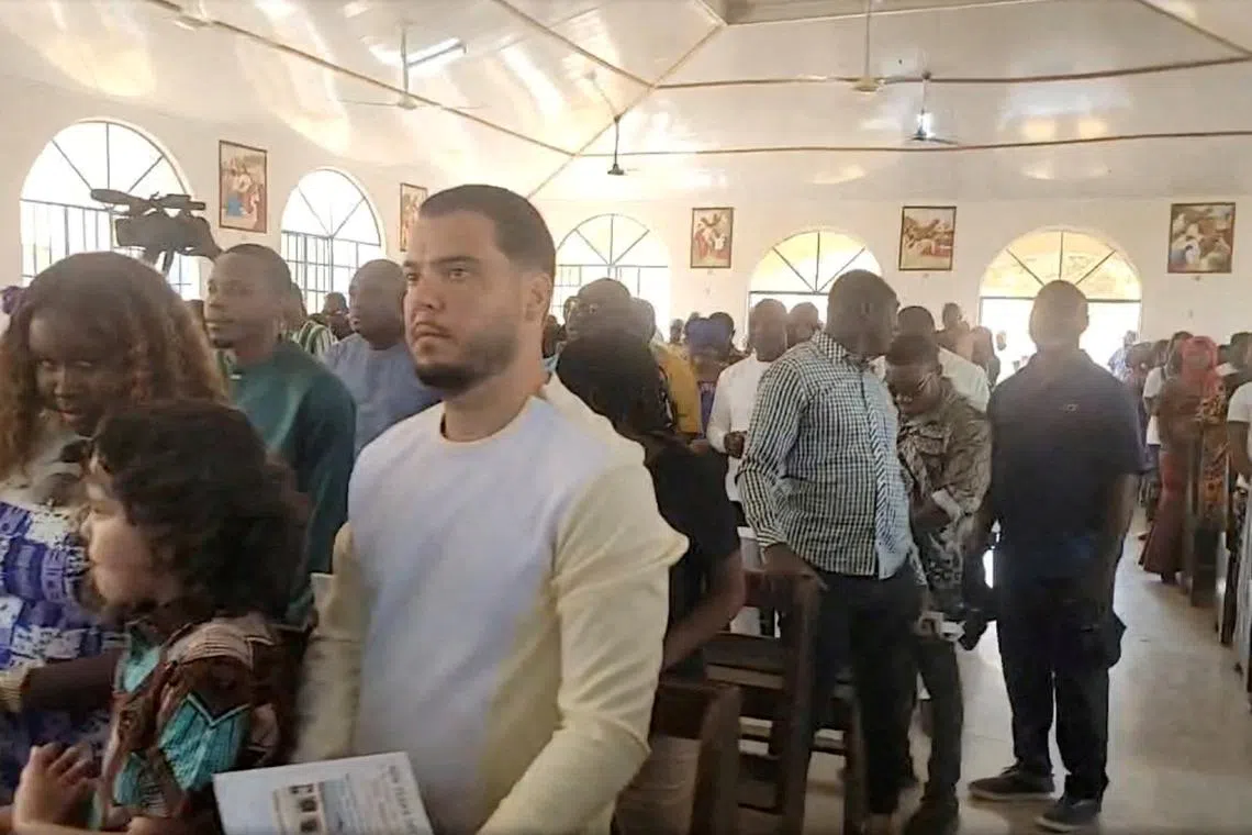 FILE PHOTO: Convicted cocaine smuggler Jos Leijdekkers attends a church service in Tihun, Sierra Leone, January 1, 2025, in this screen grab obtained from a social media video. First Lady Fatima Maada Bio via Facebook/via REUTERS/File Photo