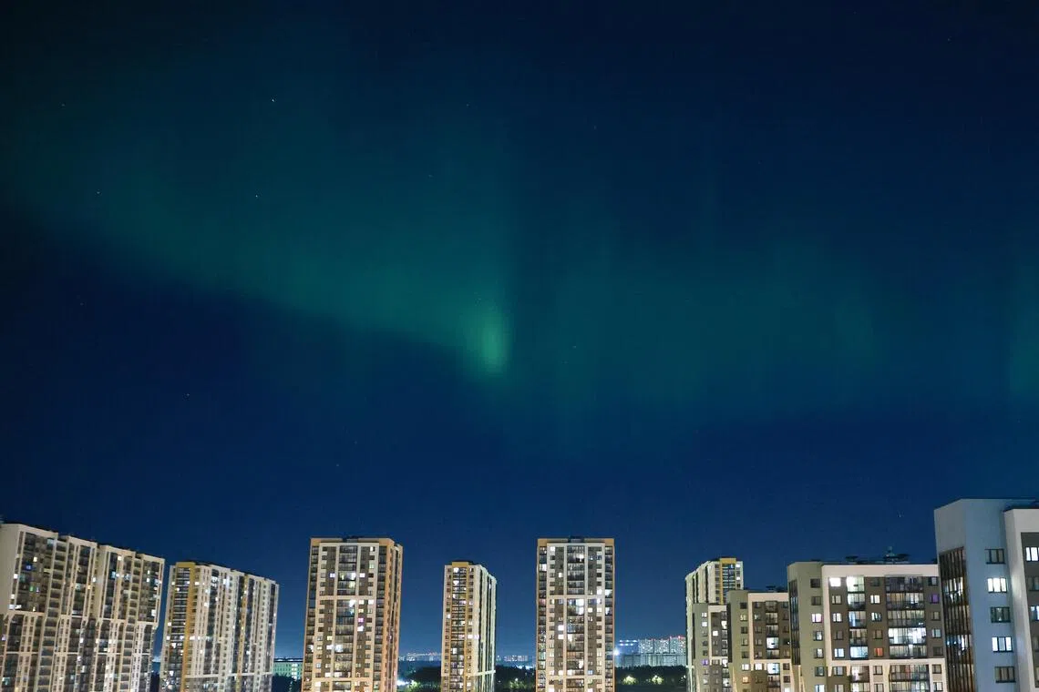 Northern lights, also known as aurora borealis, illuminate the sky in Saint Petersburg, Russia, on Sept 29, 2025. 