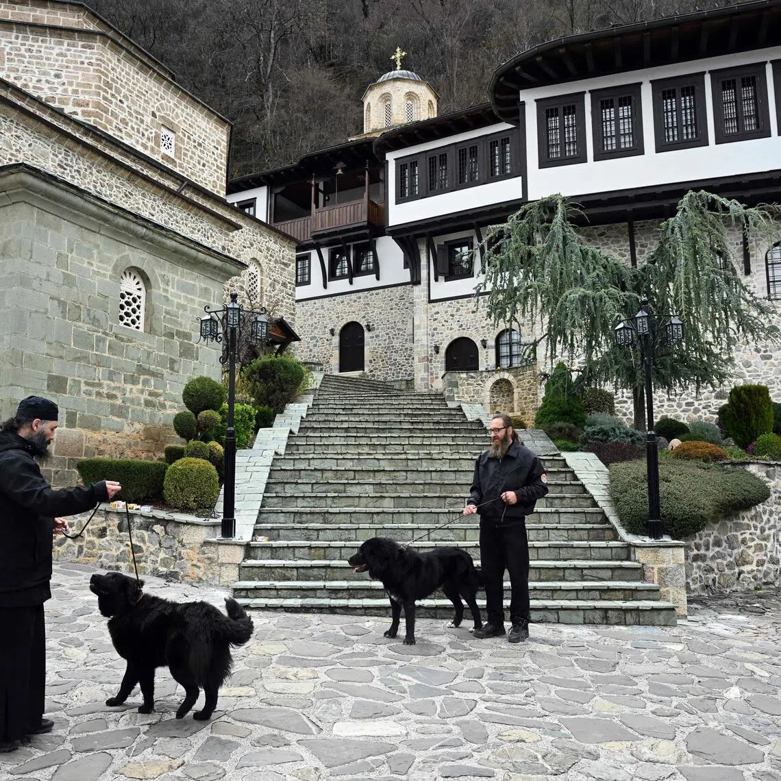 Father Porfirij walks a Karaman dog at the Bigorski Monastery in Mavrovo i Rostuse on March 19.